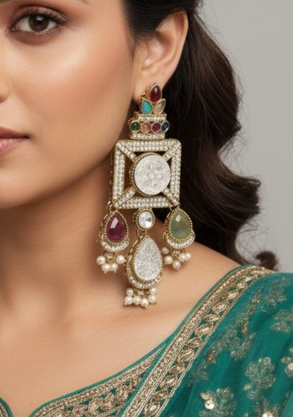 Gold-Plated Ruby-Green Stone & Pearl Drop Earrings