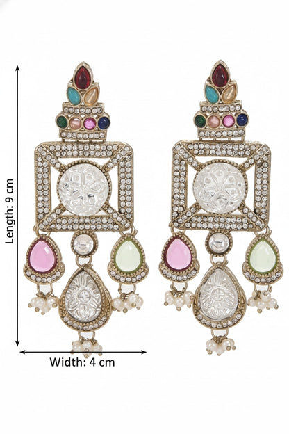 Gold-Plated Ruby-Green Stone & Pearl Drop Earrings