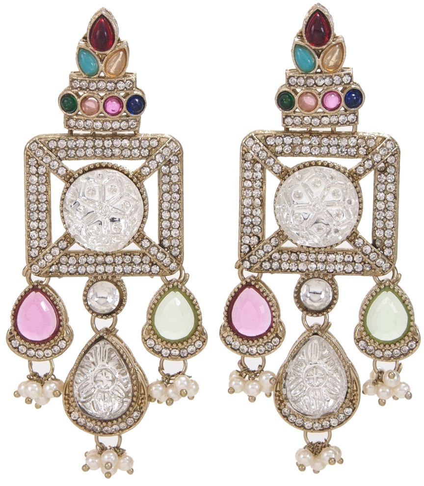 Gold-Plated Ruby-Green Stone & Pearl Drop Earrings