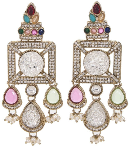 Gold-Plated Ruby-Green Stone & Pearl Drop Earrings