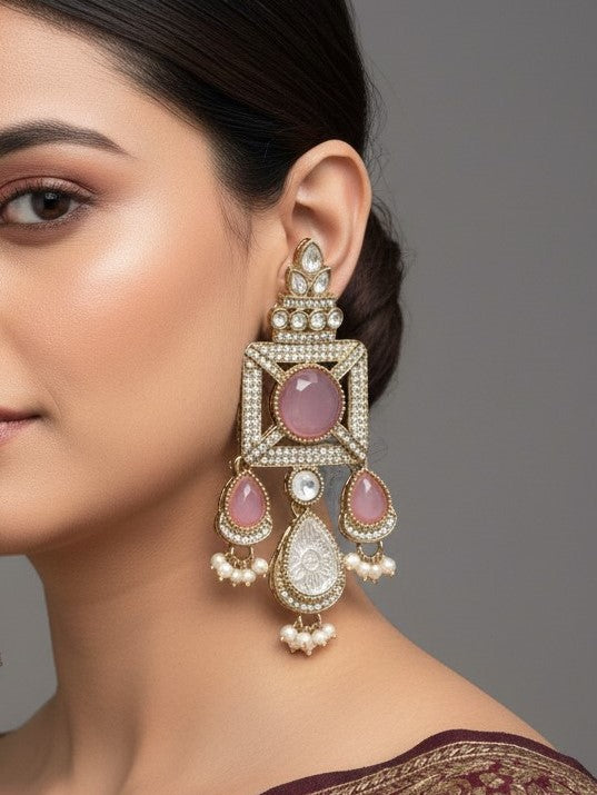 Gold-Plated Ruby-Green Stone & Pearl Drop Earrings