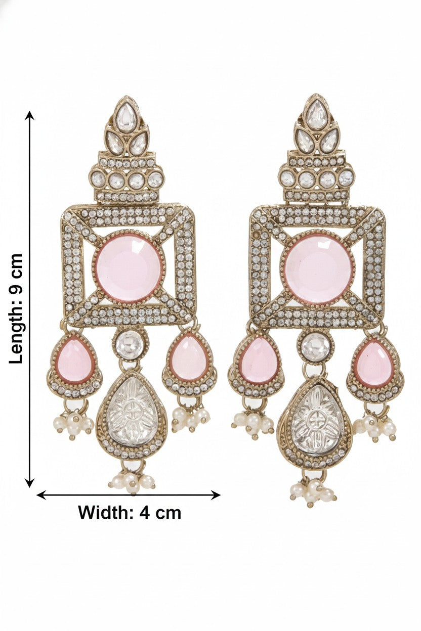 Gold-Plated Ruby-Green Stone & Pearl Drop Earrings