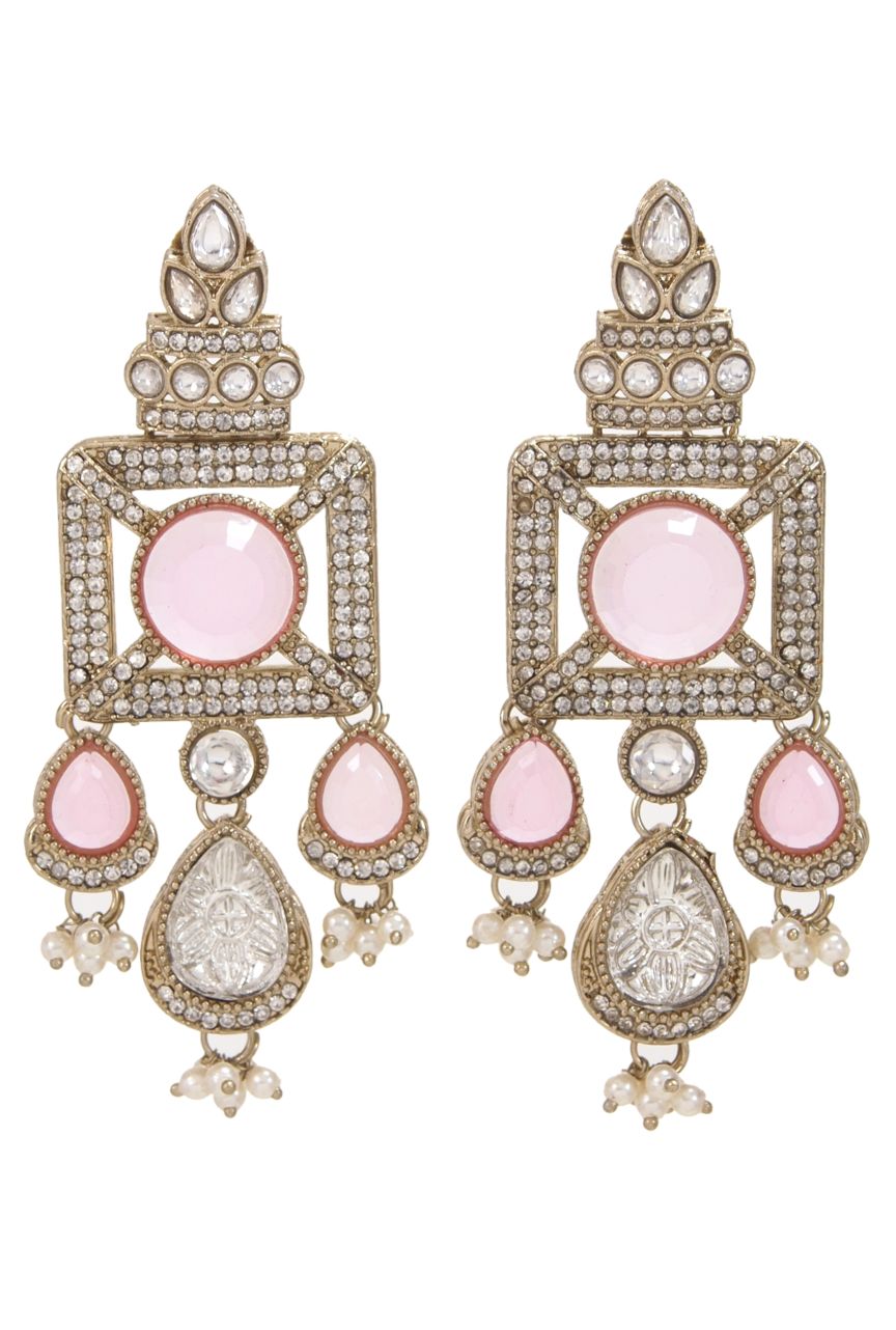 Gold-Plated Ruby-Green Stone & Pearl Drop Earrings
