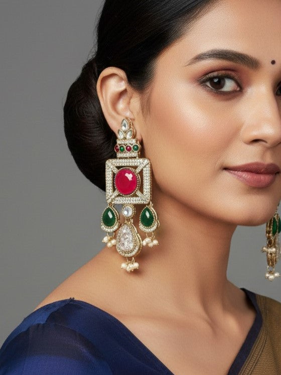 Gold-Plated Ruby-Green Stone & Pearl Drop Earrings