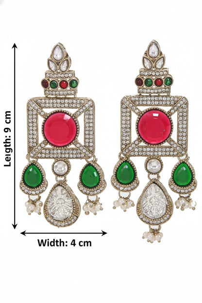 Gold-Plated Ruby-Green Stone & Pearl Drop Earrings