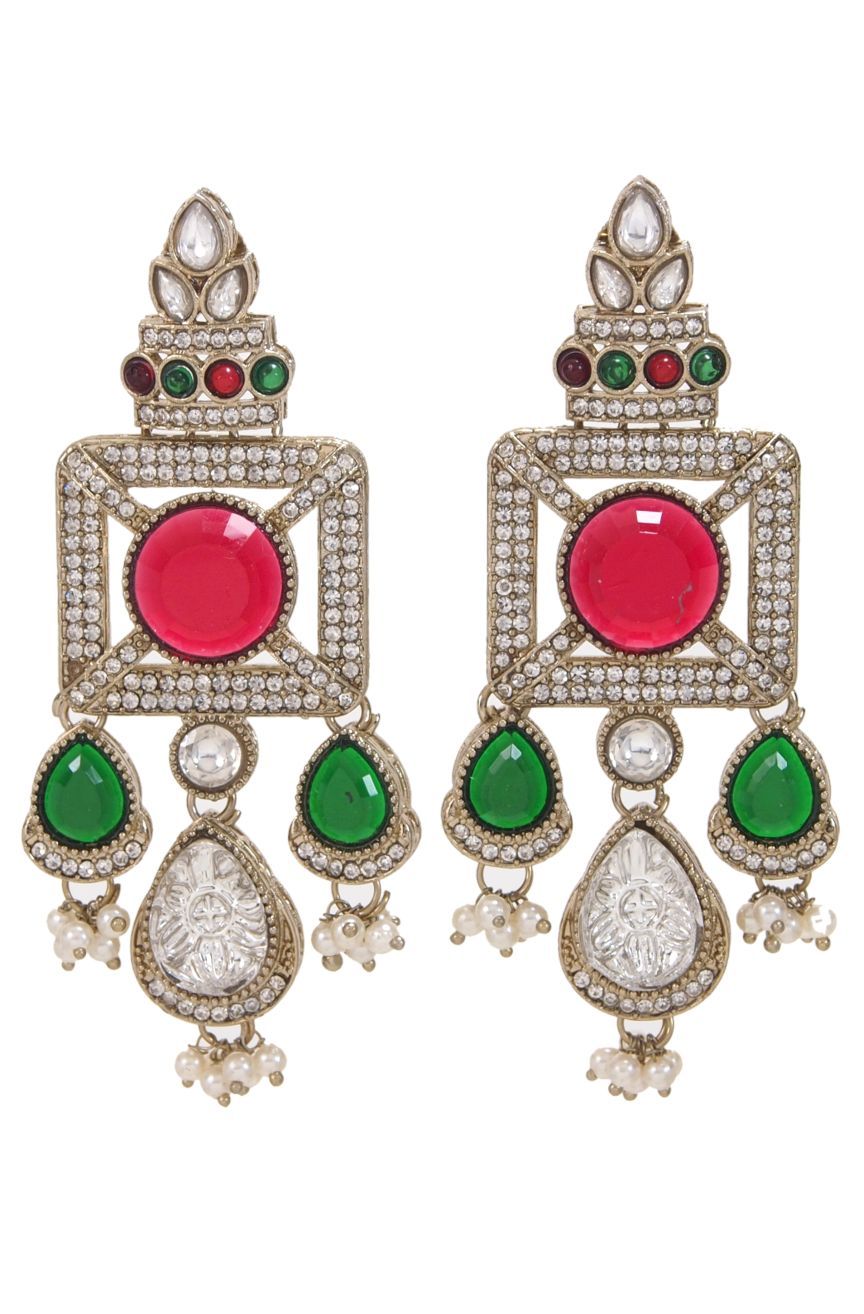 Gold-Plated Ruby-Green Stone & Pearl Drop Earrings