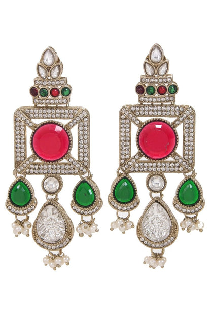 Gold-Plated Ruby-Green Stone & Pearl Drop Earrings