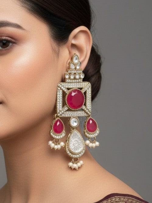 Gold-Plated Ruby-Green Stone & Pearl Drop Earrings