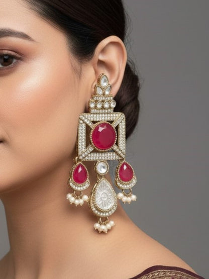Gold-Plated Ruby-Green Stone & Pearl Drop Earrings