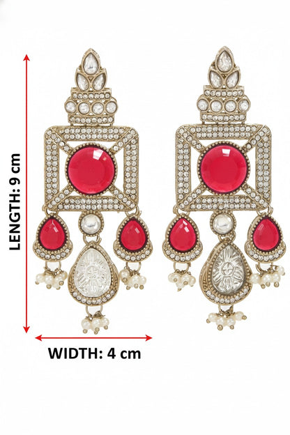 Gold-Plated Ruby-Green Stone & Pearl Drop Earrings