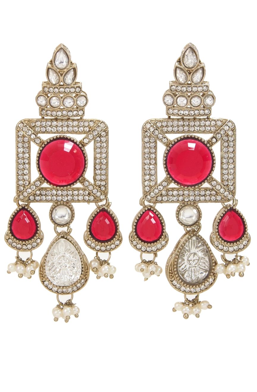 Gold-Plated Ruby-Green Stone & Pearl Drop Earrings