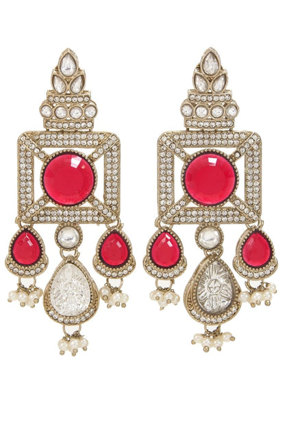 Gold-Plated Ruby-Green Stone & Pearl Drop Earrings