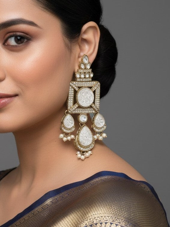 Gold-Plated Ruby-Green Stone & Pearl Drop Earrings
