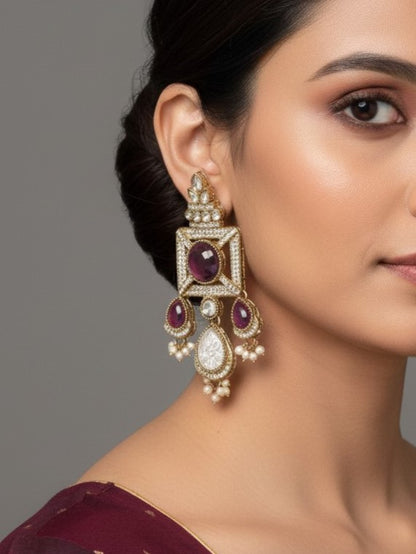 Gold-Plated Ruby-Green Stone & Pearl Drop Earrings