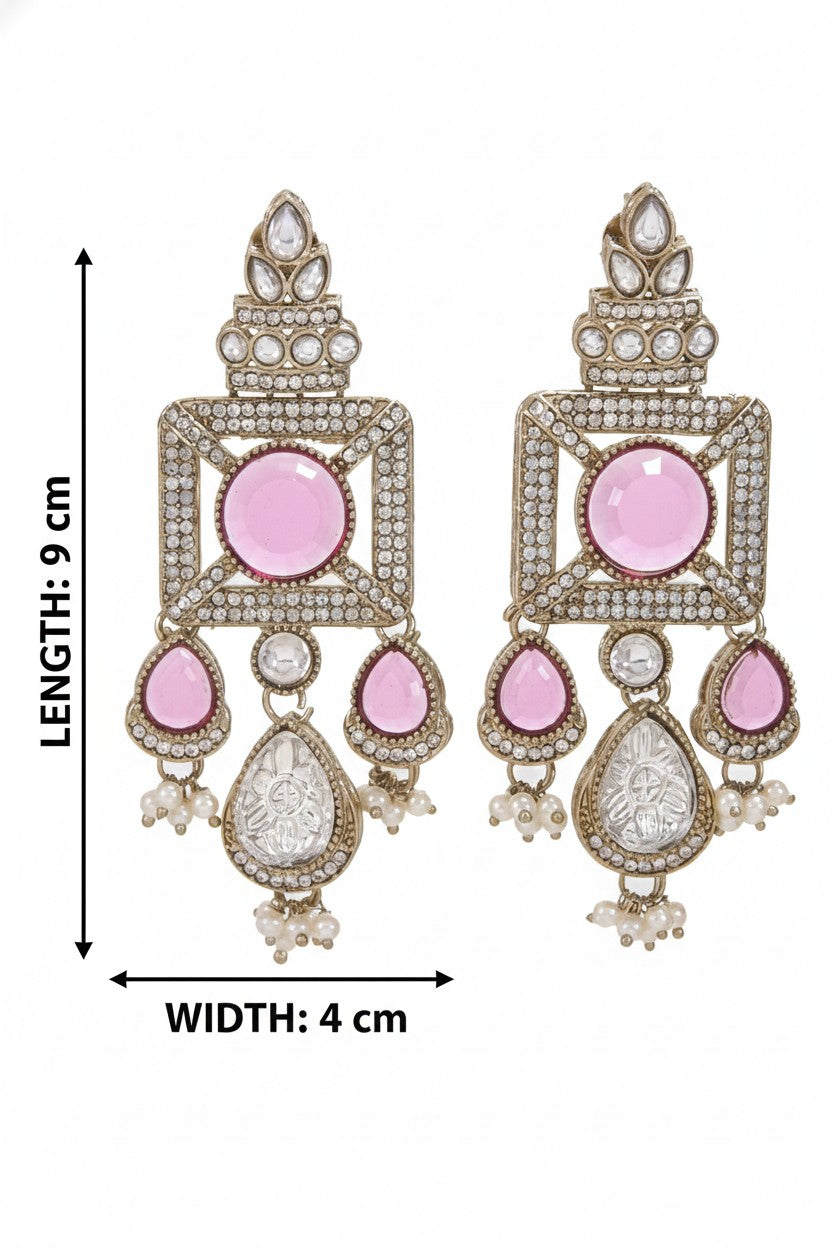 Gold-Plated Ruby-Green Stone & Pearl Drop Earrings