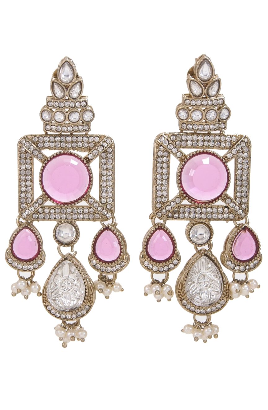 Gold-Plated Ruby-Green Stone & Pearl Drop Earrings