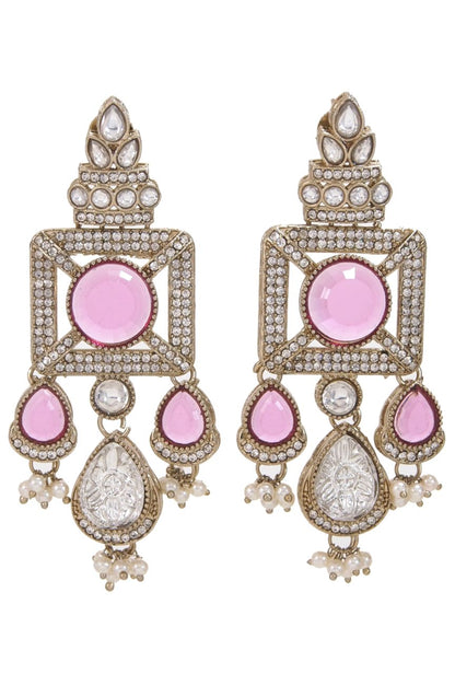 Gold-Plated Ruby-Green Stone & Pearl Drop Earrings