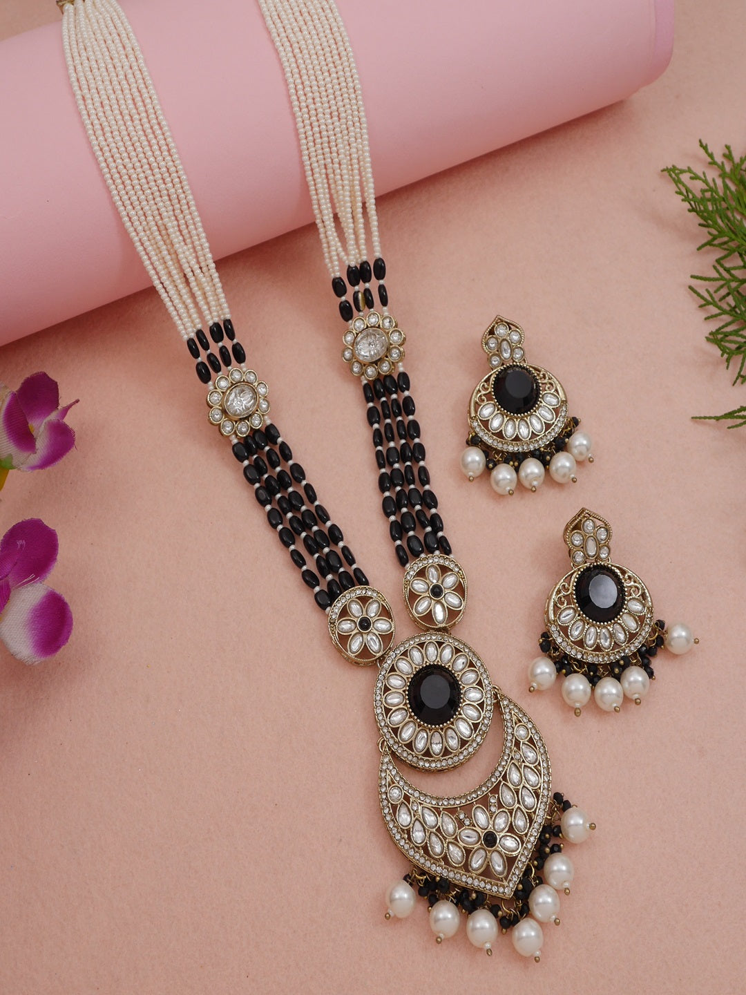 Traditional Nawabi Black Beaded Pearl Statement Necklace Set