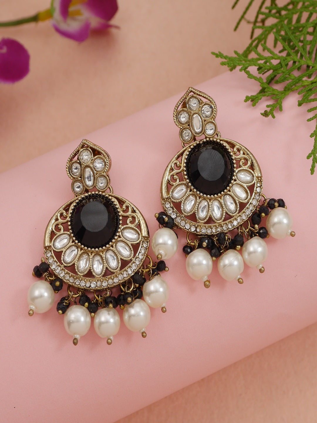 Traditional Nawabi Black Beaded Pearl Statement Necklace Set