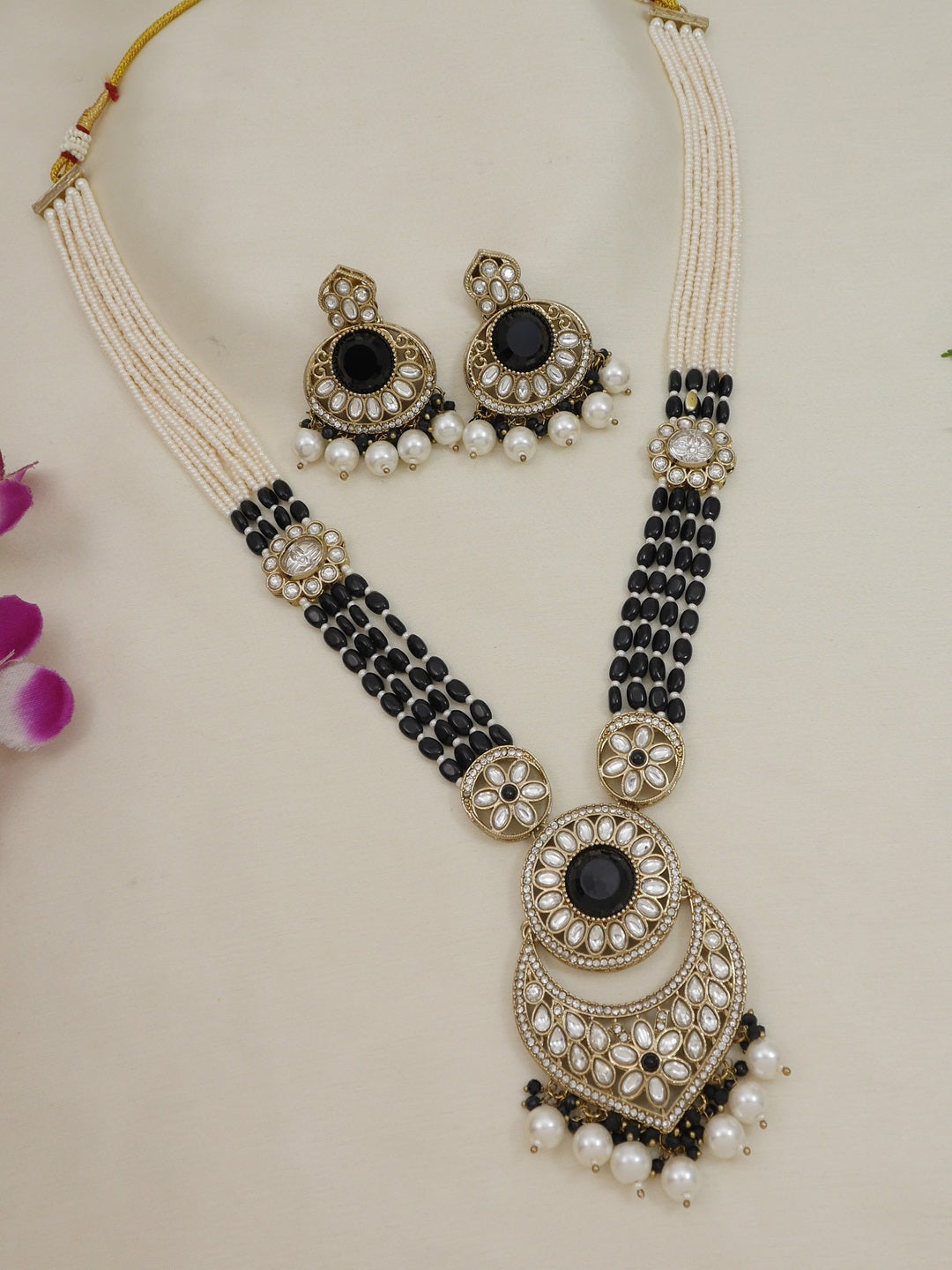 Traditional Nawabi Black Beaded Pearl Statement Necklace Set