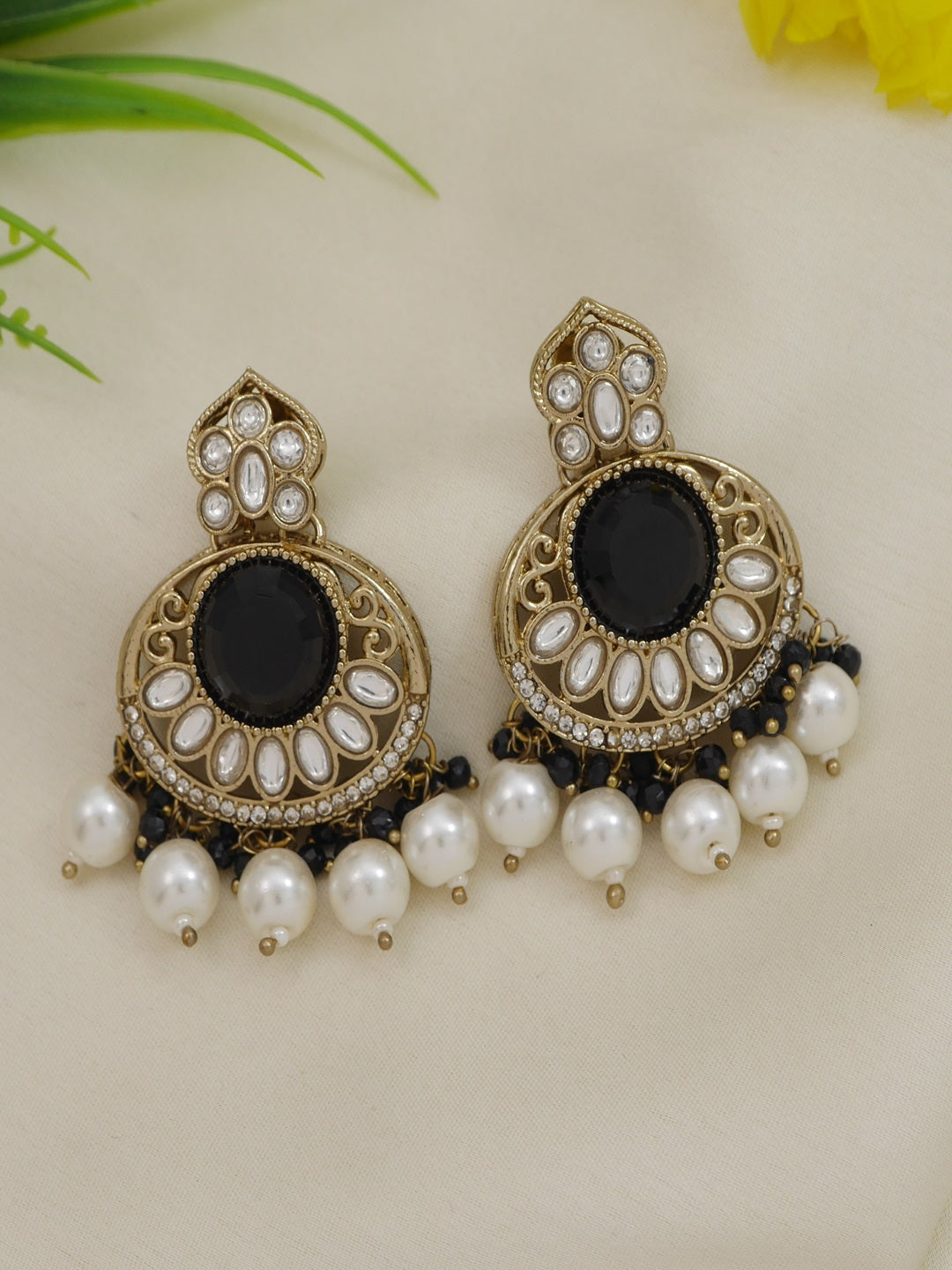 Traditional Nawabi Black Beaded Pearl Statement Necklace Set