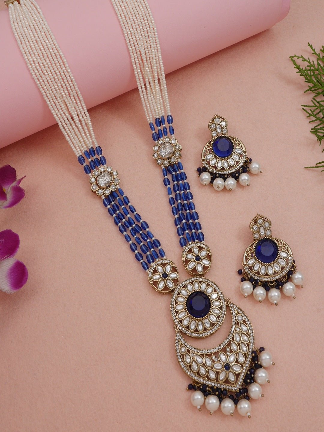 Traditional Nawabi Black Beaded Pearl Statement Necklace Set