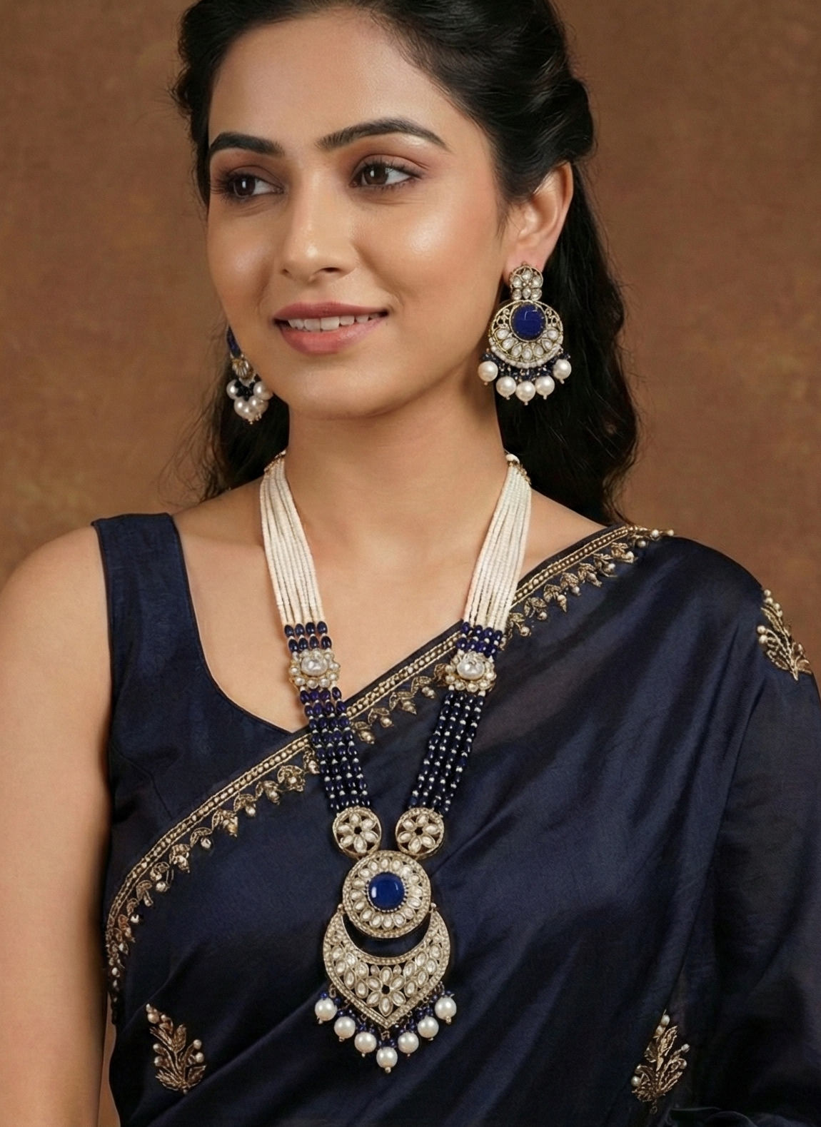 Traditional Nawabi Black Beaded Pearl Statement Necklace Set