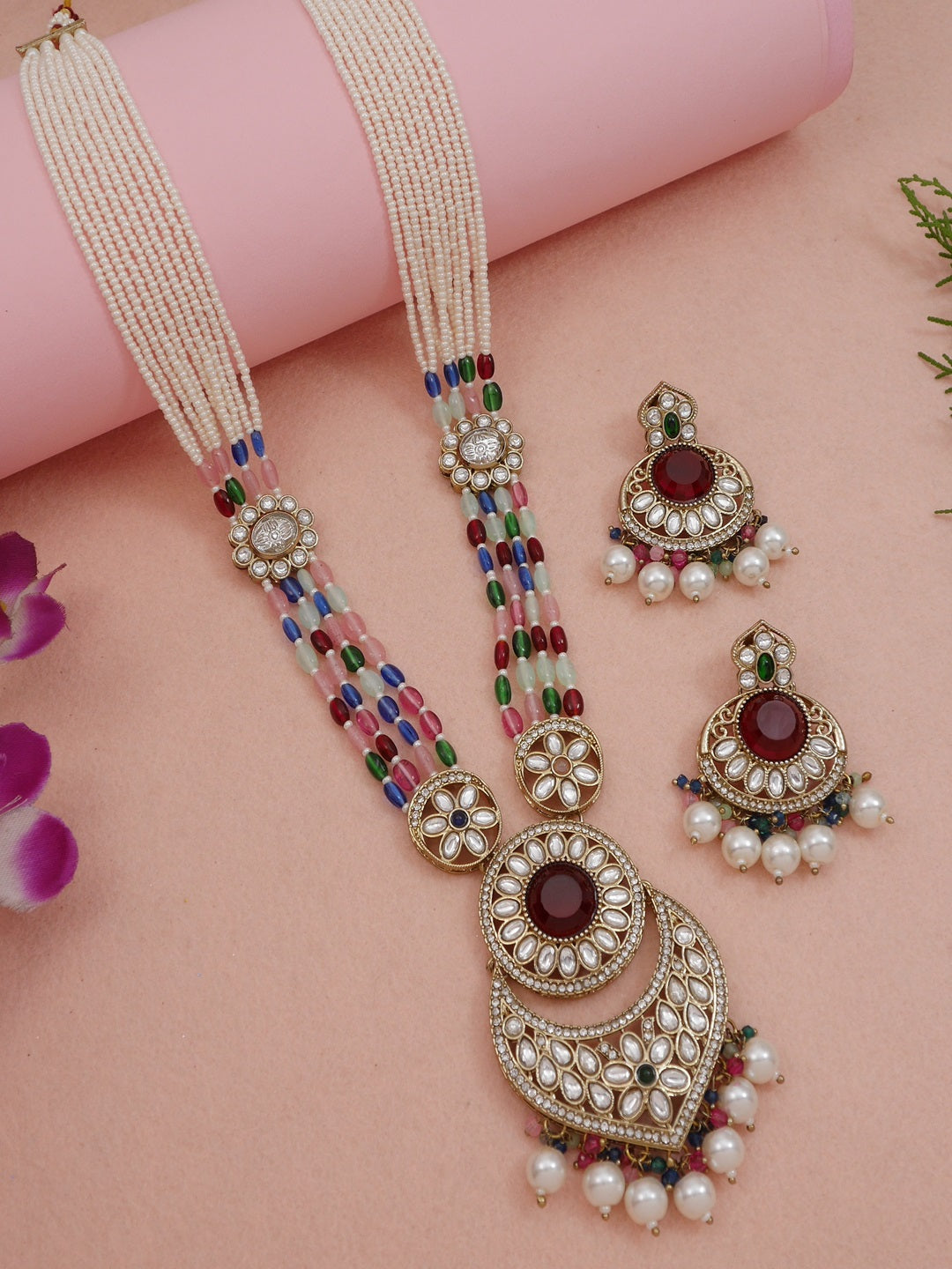 Traditional Nawabi Black Beaded Pearl Statement Necklace Set