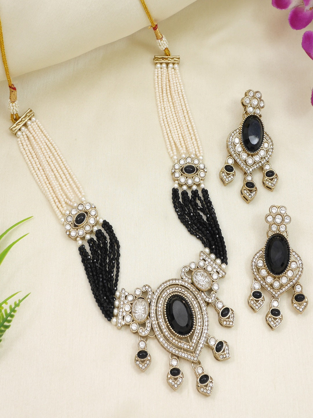 Royal Noir Pearl & Black Beaded Statement Necklace Set