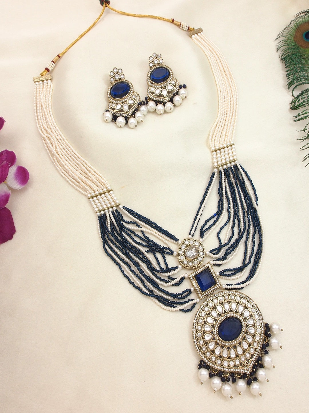 Royal Pearl & Black Beaded Statement Necklace Set