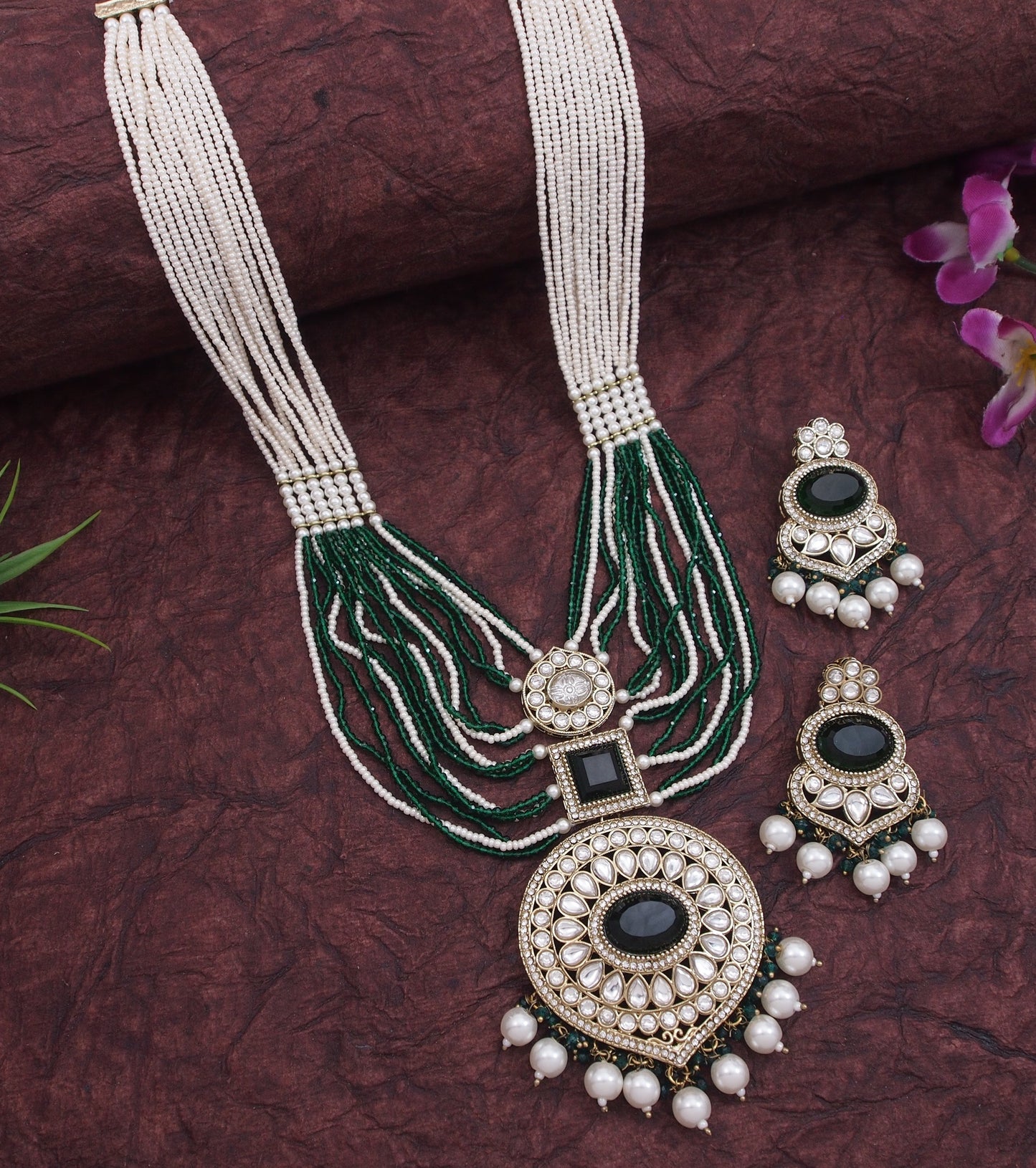 Royal Pearl & Black Beaded Statement Necklace Set