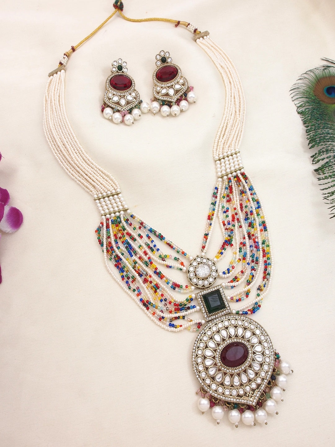 Royal Pearl & Black Beaded Statement Necklace Set