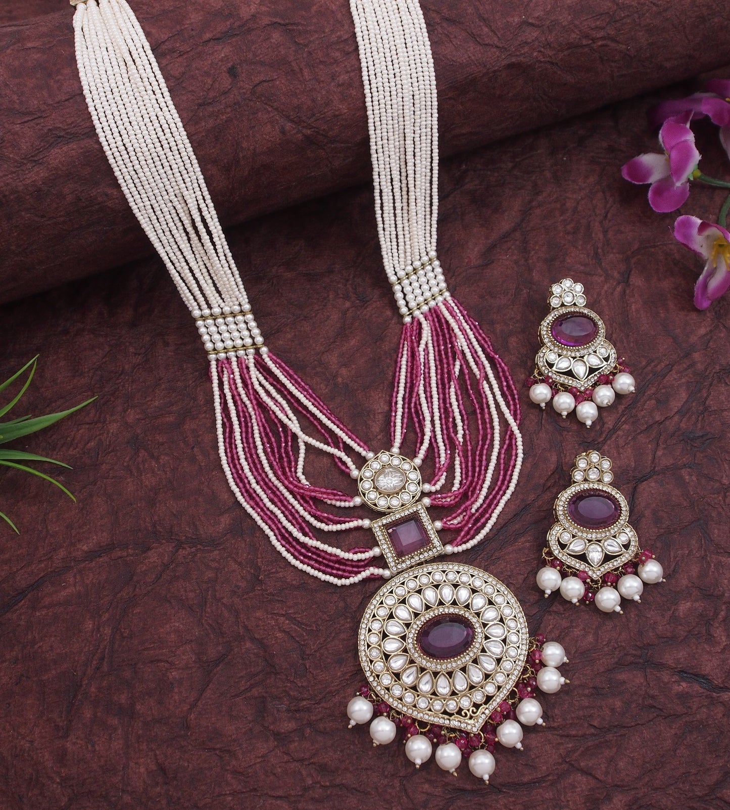 Royal Pearl & Black Beaded Statement Necklace Set