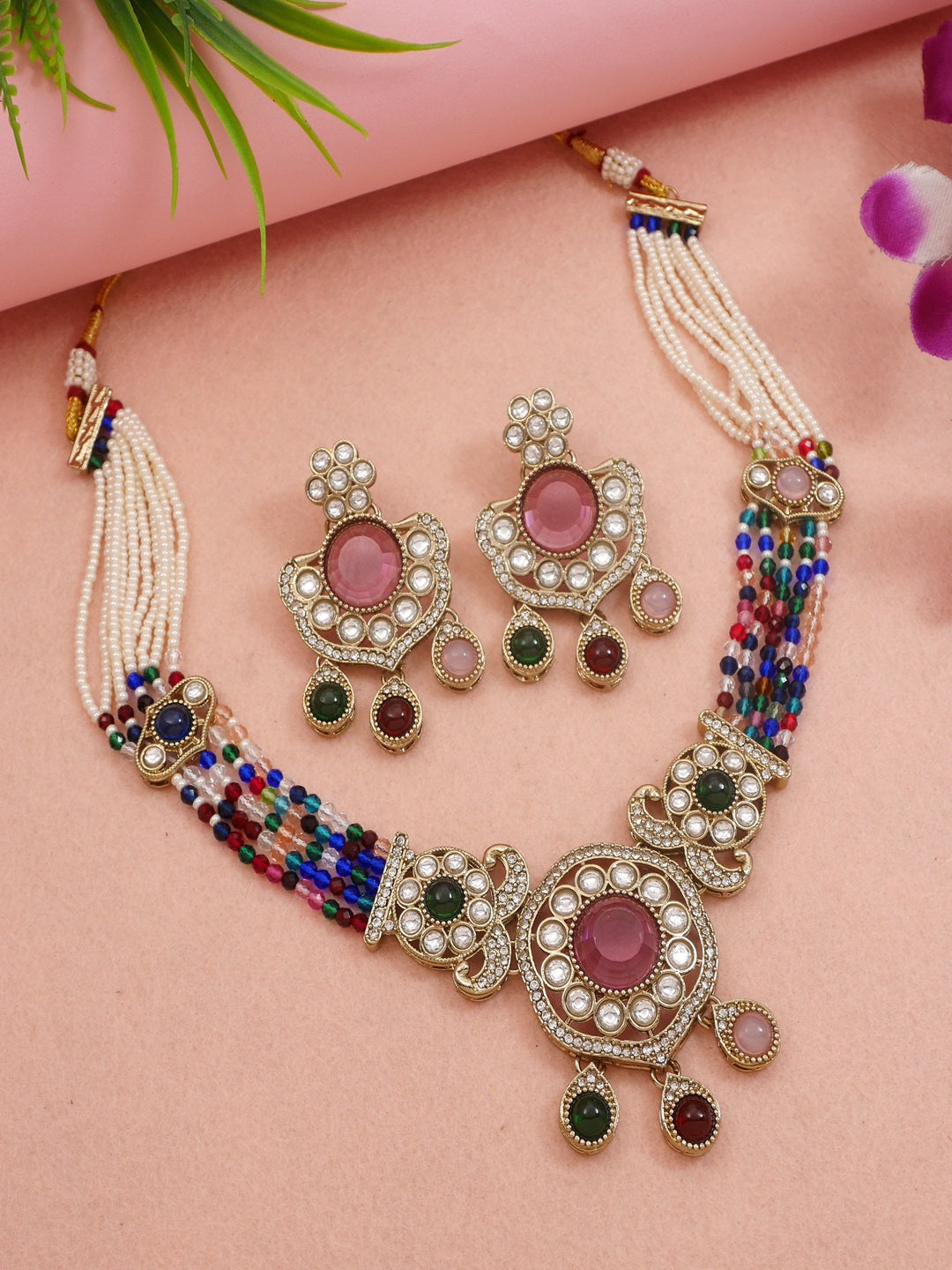 Royal Kundan & Pearl Beaded Necklace Set with Matching Earrings