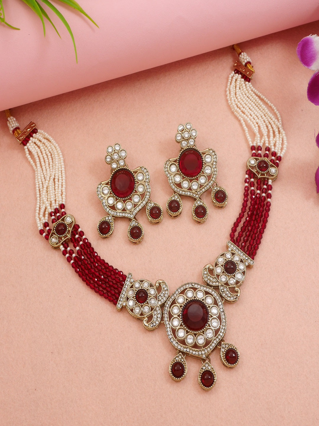 Royal Kundan & Pearl Beaded Necklace Set with Matching Earrings