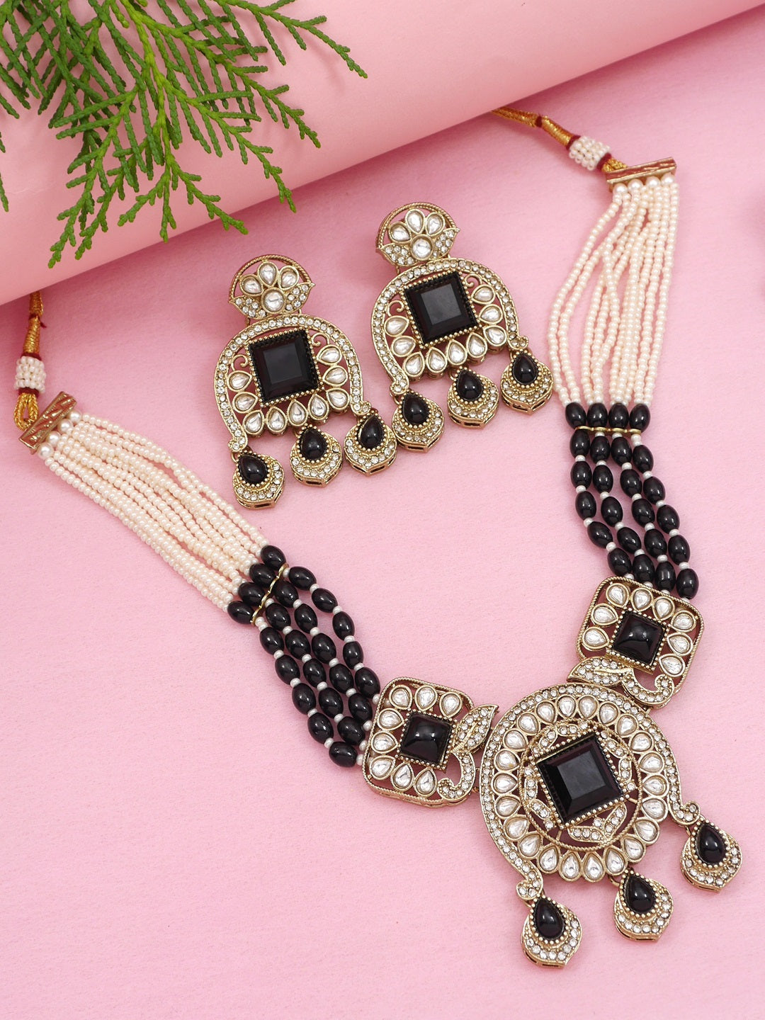 Traditional Kundan Necklace Set with Pearl & Bead Detailing