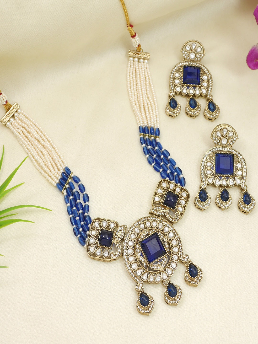 Traditional Kundan Necklace Set with Pearl & Bead Detailing