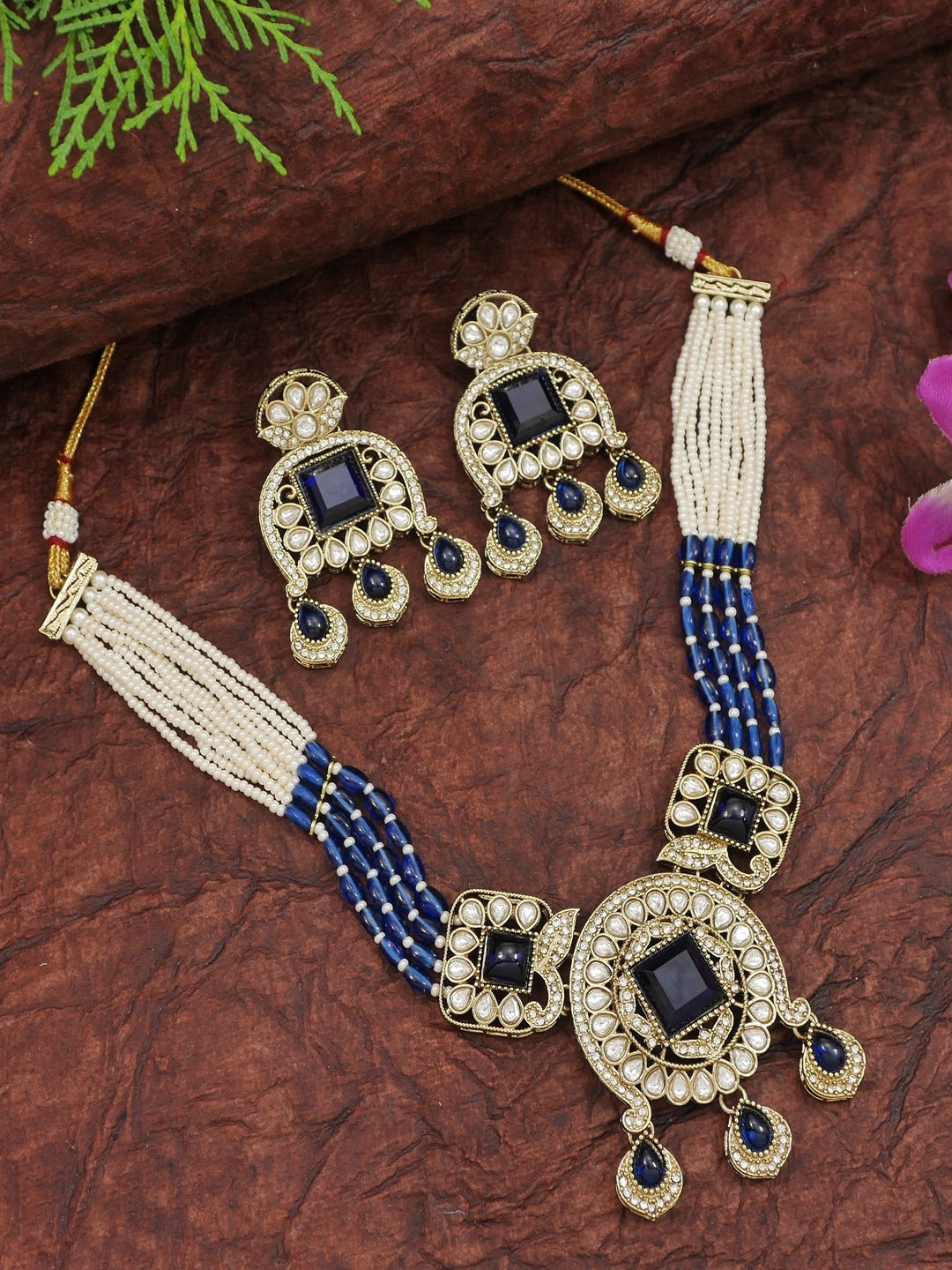Traditional Kundan Necklace Set with Pearl & Bead Detailing