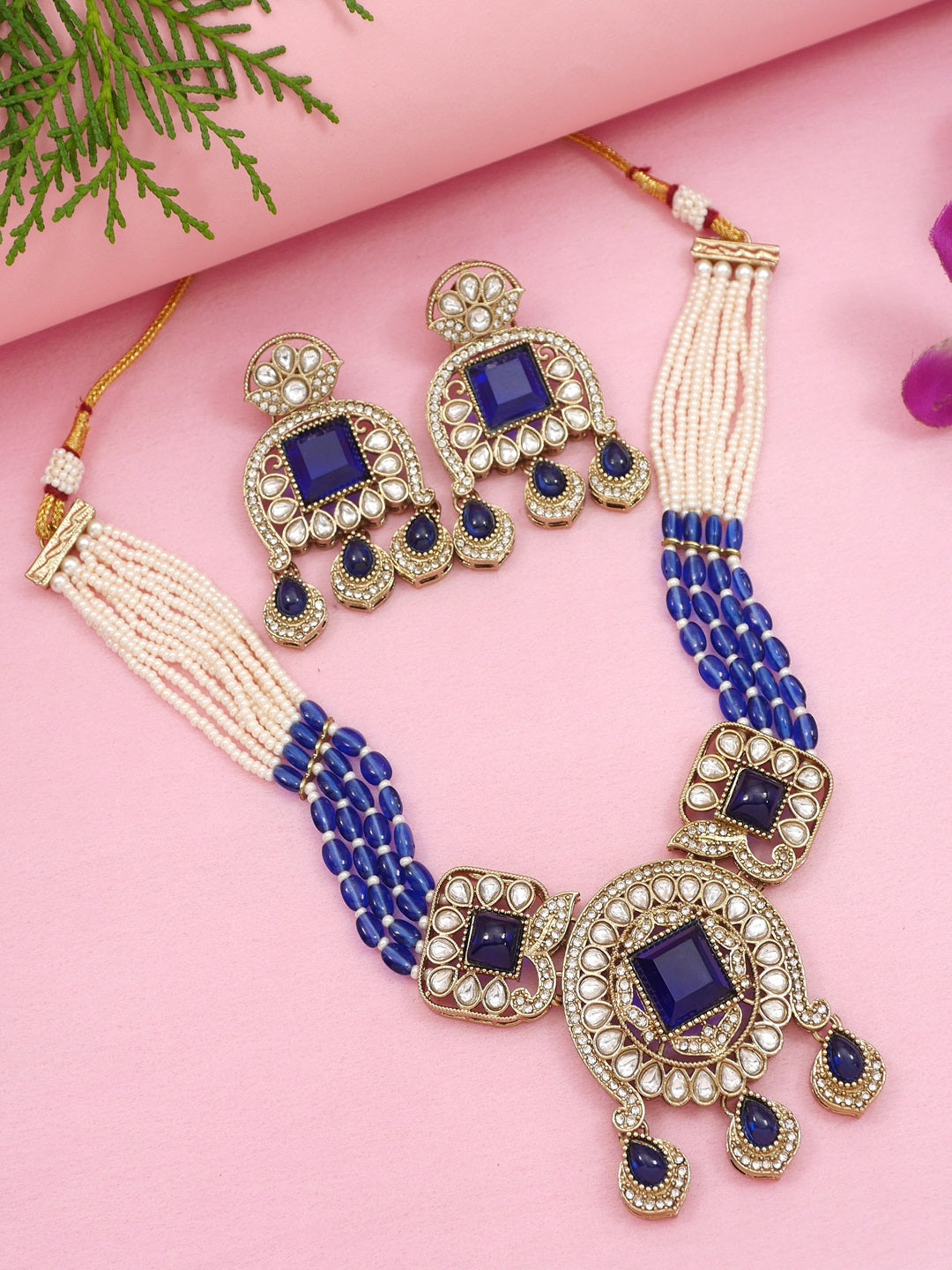 Traditional Kundan Necklace Set with Pearl & Bead Detailing