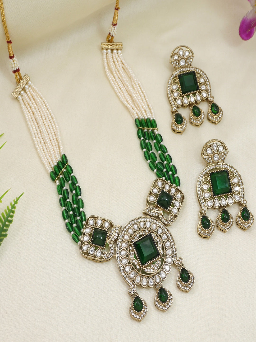 Traditional Kundan Necklace Set with Pearl & Bead Detailing