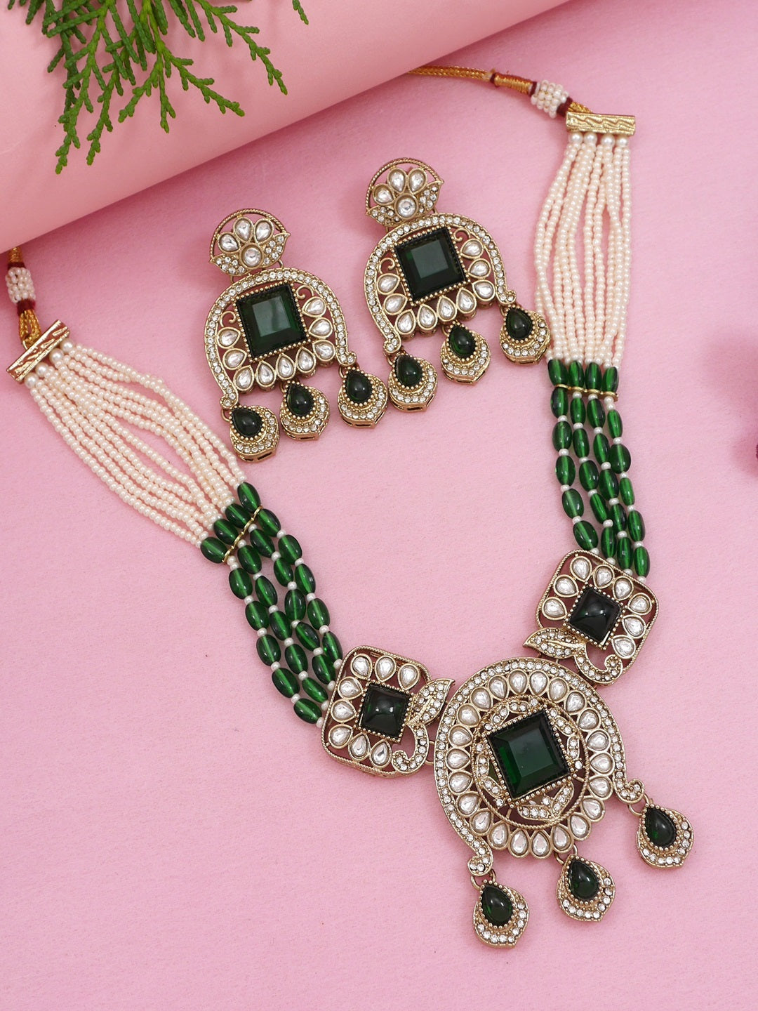 Traditional Kundan Necklace Set with Pearl & Bead Detailing