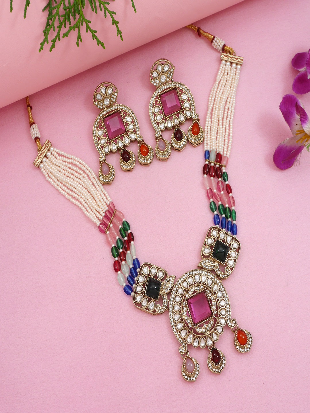 Traditional Kundan Necklace Set with Pearl & Bead Detailing