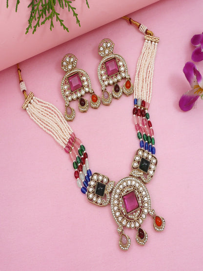 Traditional Kundan Necklace Set with Pearl & Bead Detailing