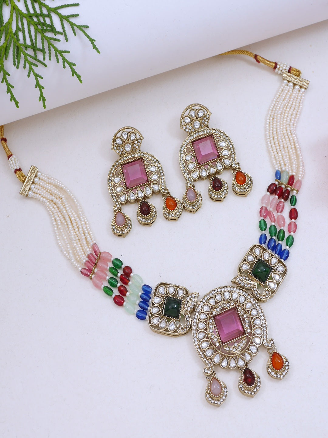 Traditional Kundan Necklace Set with Pearl & Bead Detailing