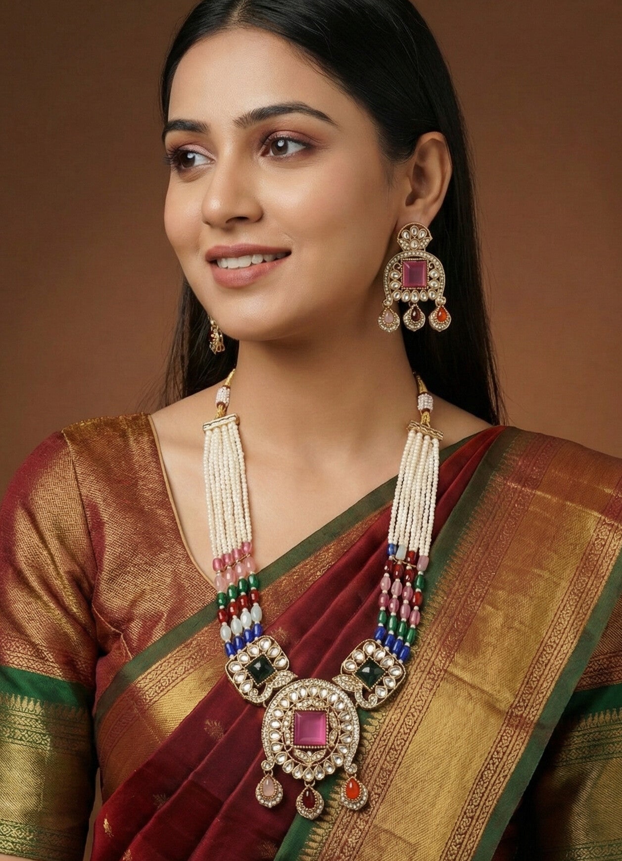 Traditional Kundan Necklace Set with Pearl & Bead Detailing