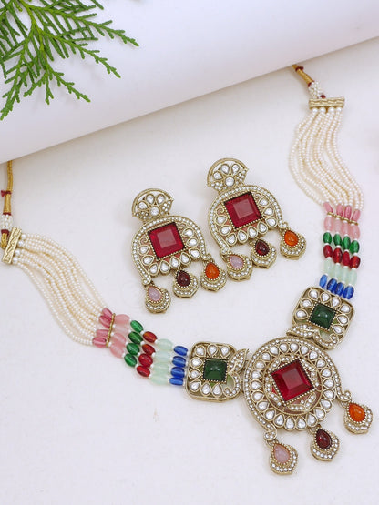 Traditional Kundan Necklace Set with Pearl & Bead Detailing