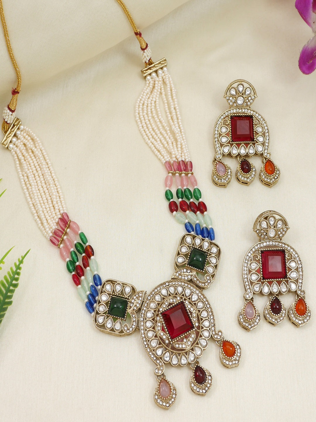 Traditional Kundan Necklace Set with Pearl & Bead Detailing