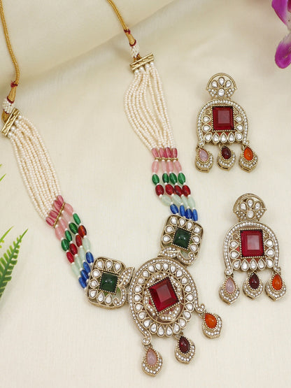 Traditional Kundan Necklace Set with Pearl & Bead Detailing