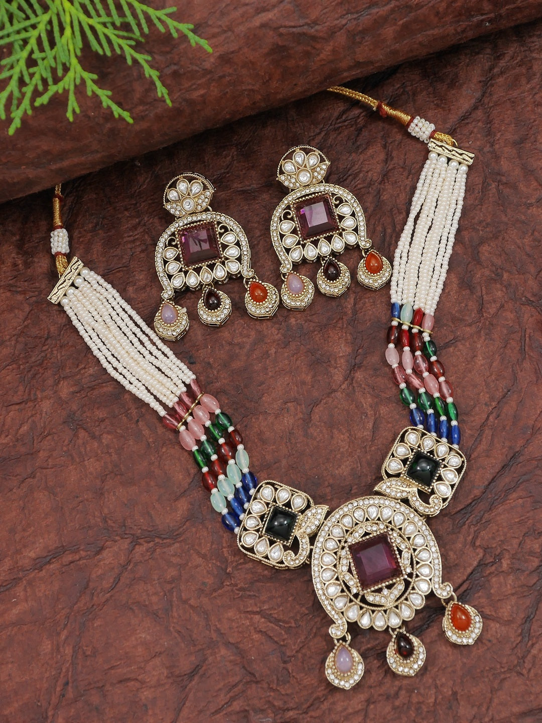 Traditional Kundan Necklace Set with Pearl & Bead Detailing
