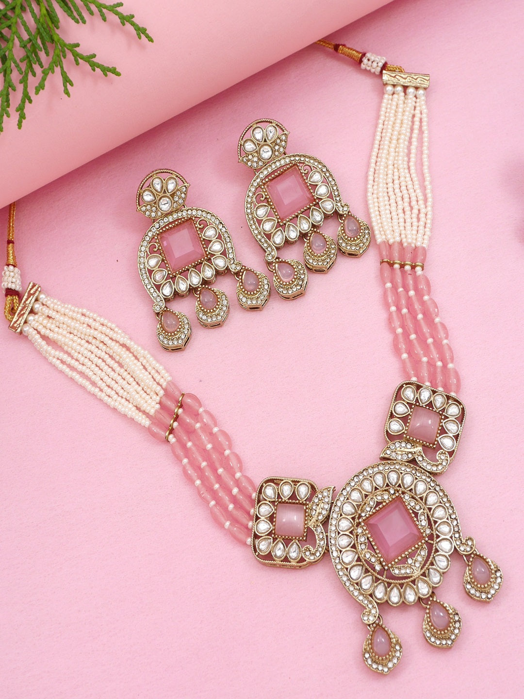 Traditional Kundan Necklace Set with Pearl & Bead Detailing
